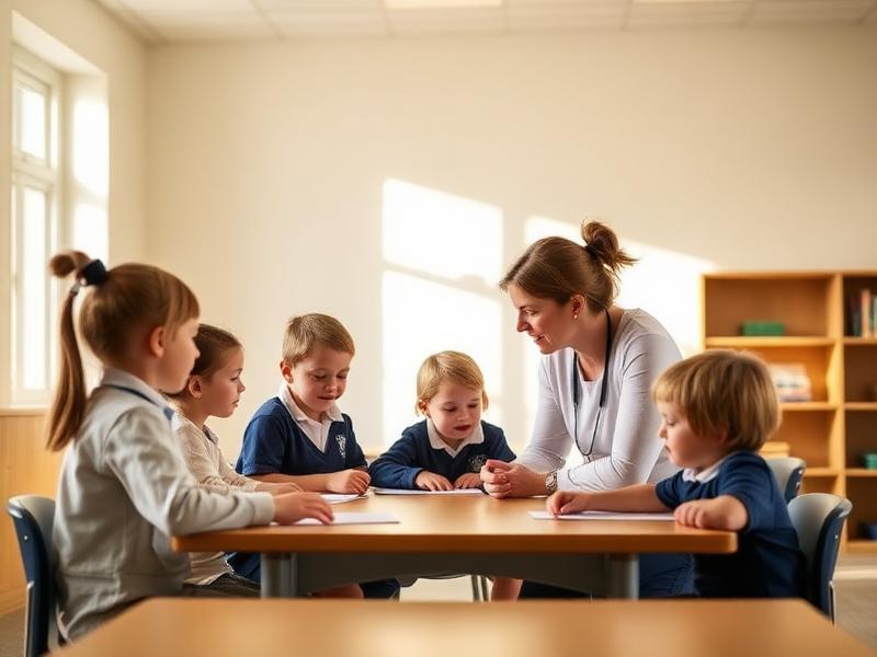 Uczniowie szkoły podstawowej pracujący z nauczycielką
